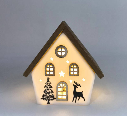 Starry Night Reindeer Ceramic House with Wooden Roof and LED Glow