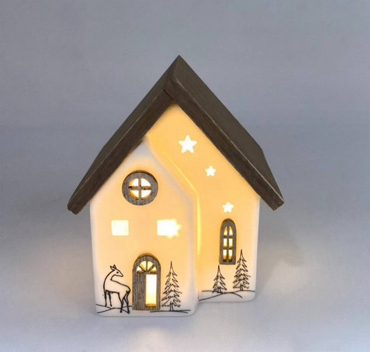 Starry Night Ceramic House with Wooden Roof and LED Glow