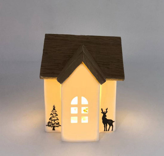 Winter Glow Ceramic Cottage with Wooden Roof and LED Lights