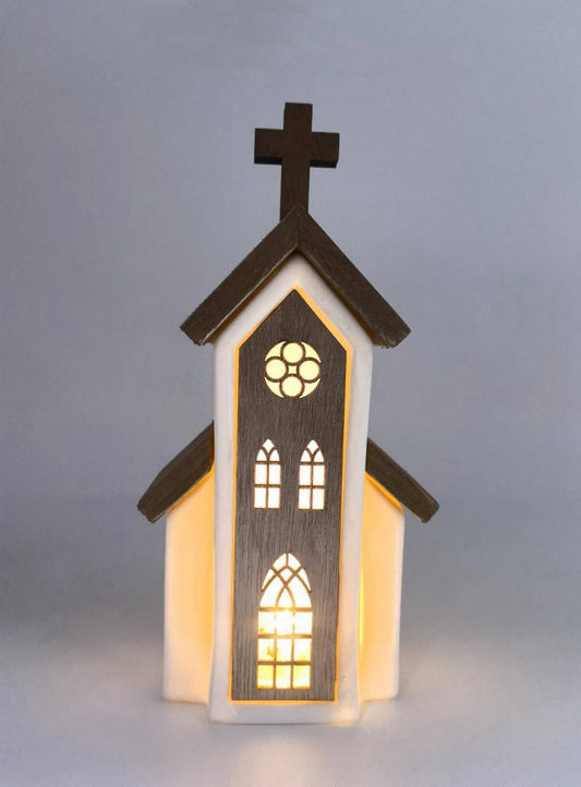 Rustic Glow Ceramic Chapel with Wooden Accents and LED Lights