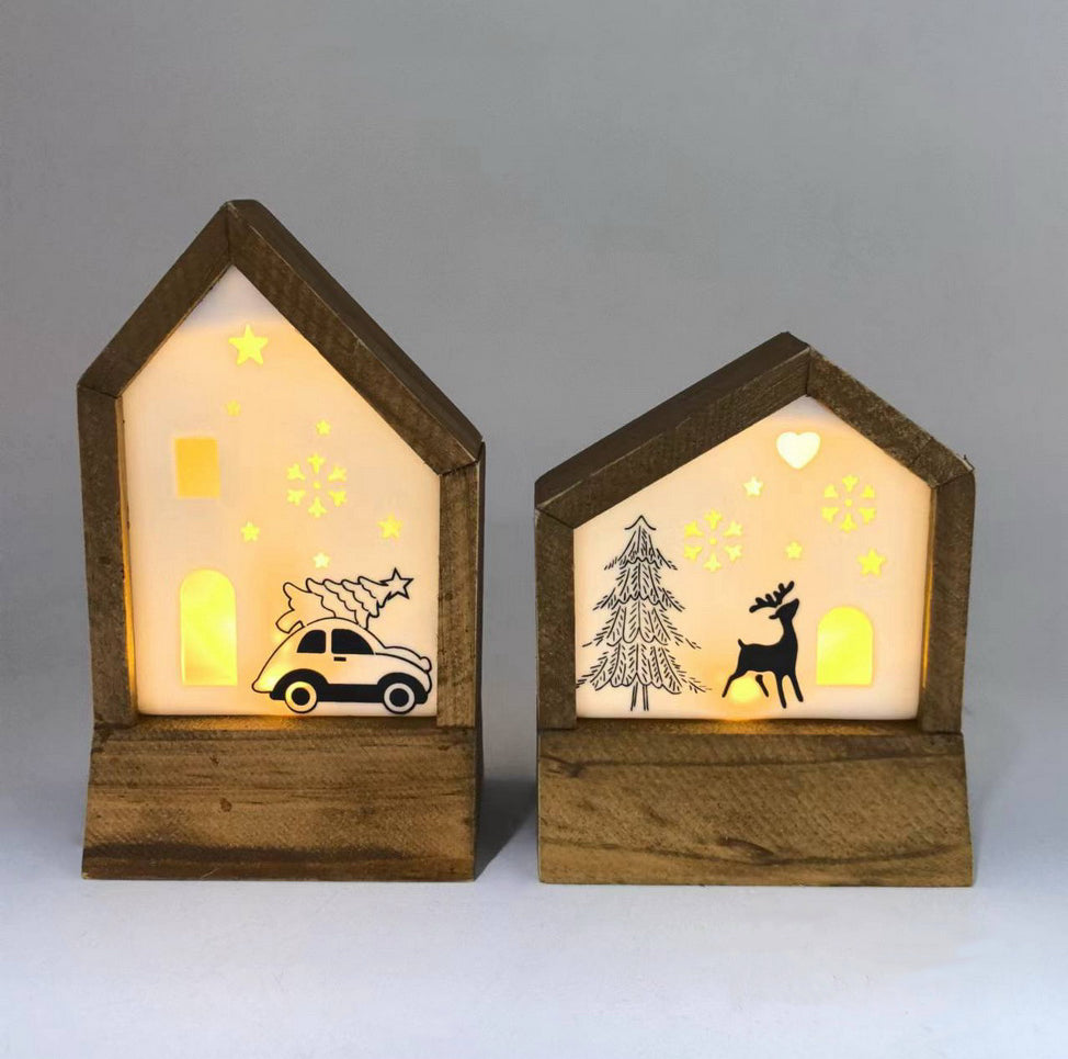 Charming Holiday Glow Ceramic House Set with Wooden Base and LED Lights