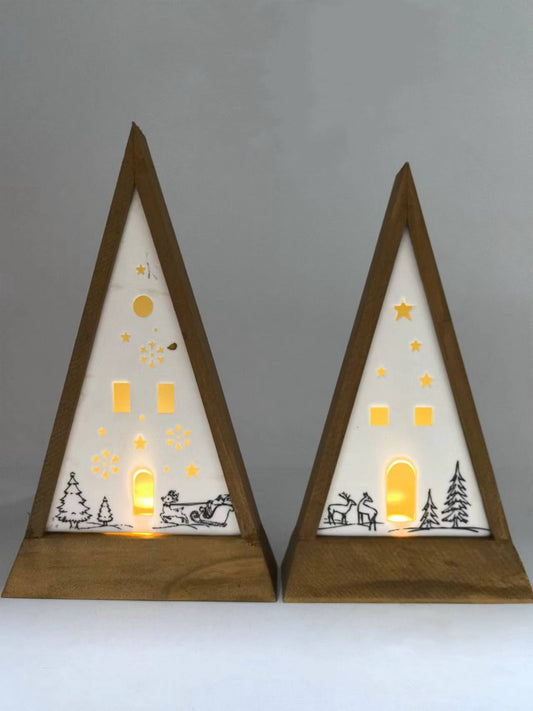 Nordic Christmas Tree Ceramic House Duo with Wooden Base and LED Lights