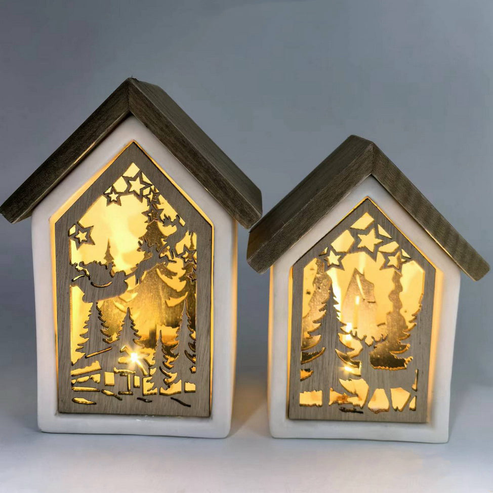 Twilight Forest Ceramic House Duo with Wooden Roof and LED Lights