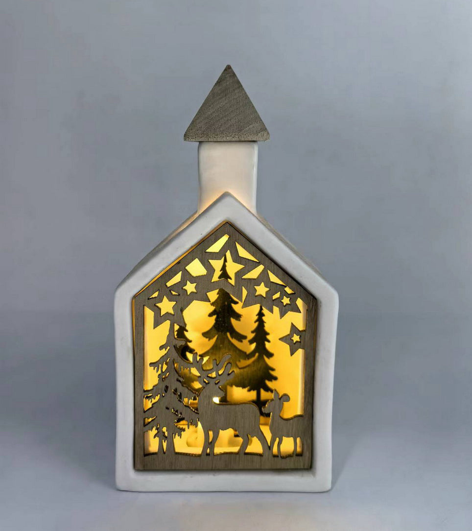 Starlit Forest Ceramic House with Wooden Inlay and LED Light