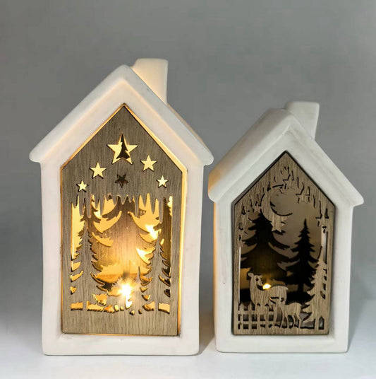 Rustic Glow Ceramic & Wood LED House Set