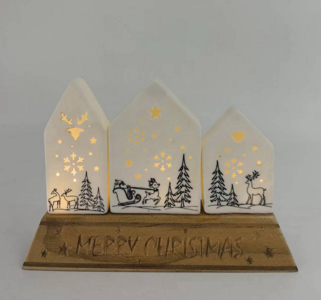 Starry Night Ceramic Village Trio with Wooden Base