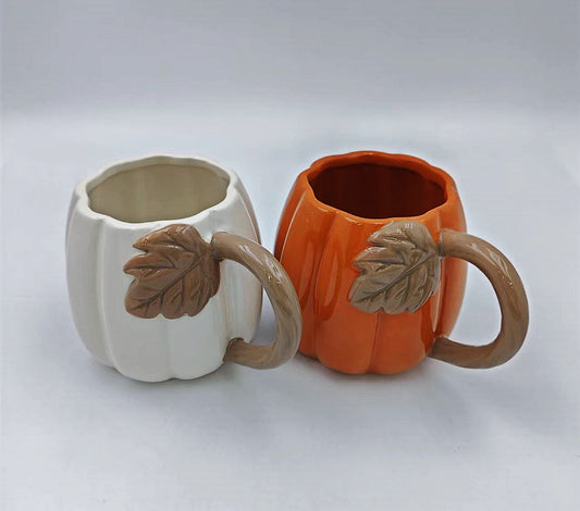 Autumn Harvest Pumpkin Mug Set with Leaf Handle Design