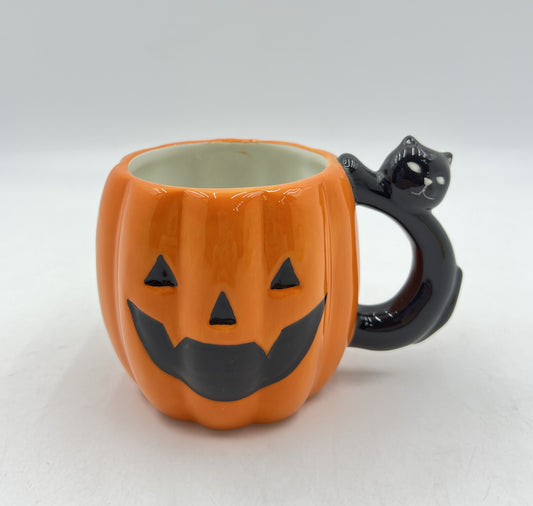 Jack-O’-Lantern Pumpkin Mug with Black Cat Handle