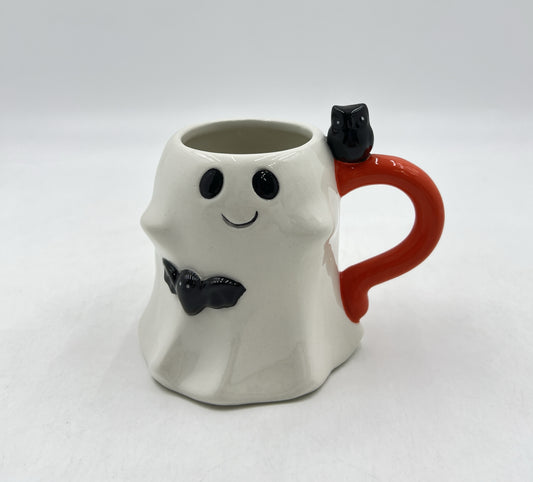 Friendly Ghost Ceramic Mug with Bat and Cat Handle