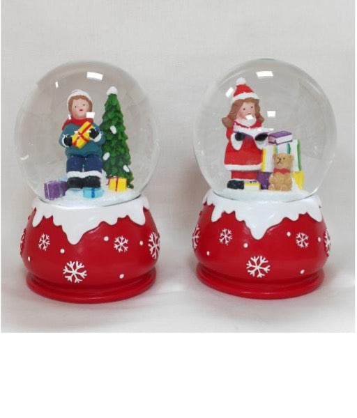 Festive Holiday Snow Globe Set – Boy and Girl with Christmas Gifts