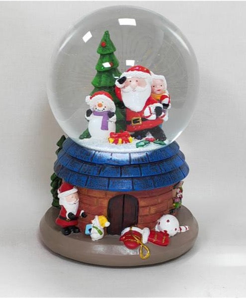 Santa's Festive Snow Globe with Blue Cottage Base