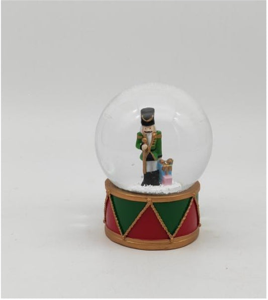 Nutcracker Snow Globe with Classic Green & Red Drum Base