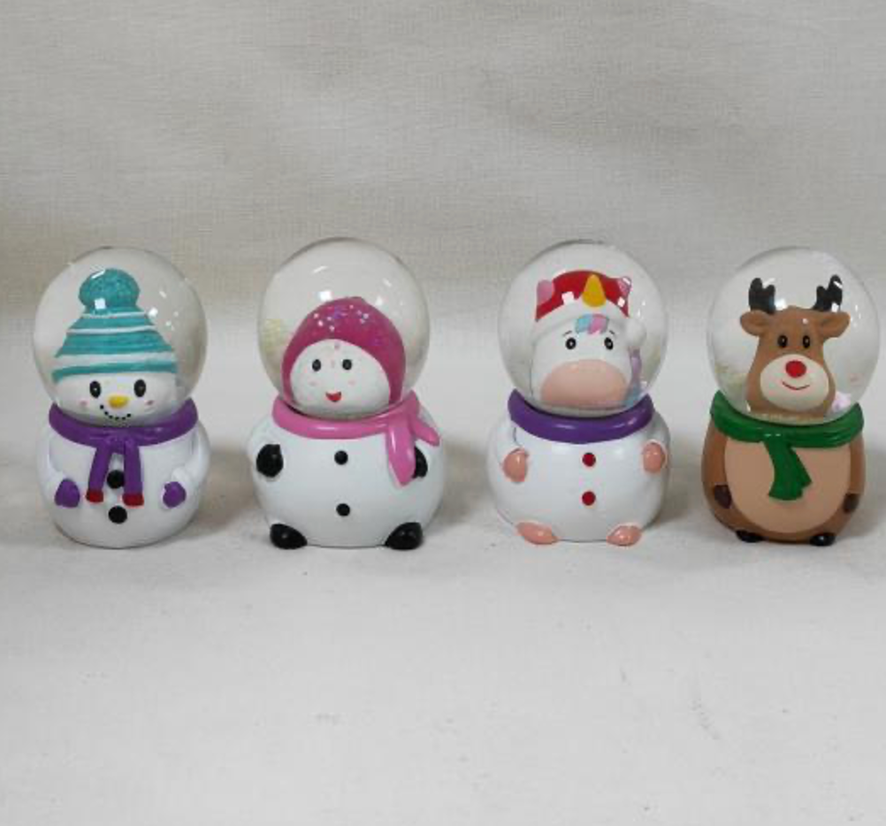 Festive Snow Globe Figurines – Snowmen, Unicorn, and Reindeer