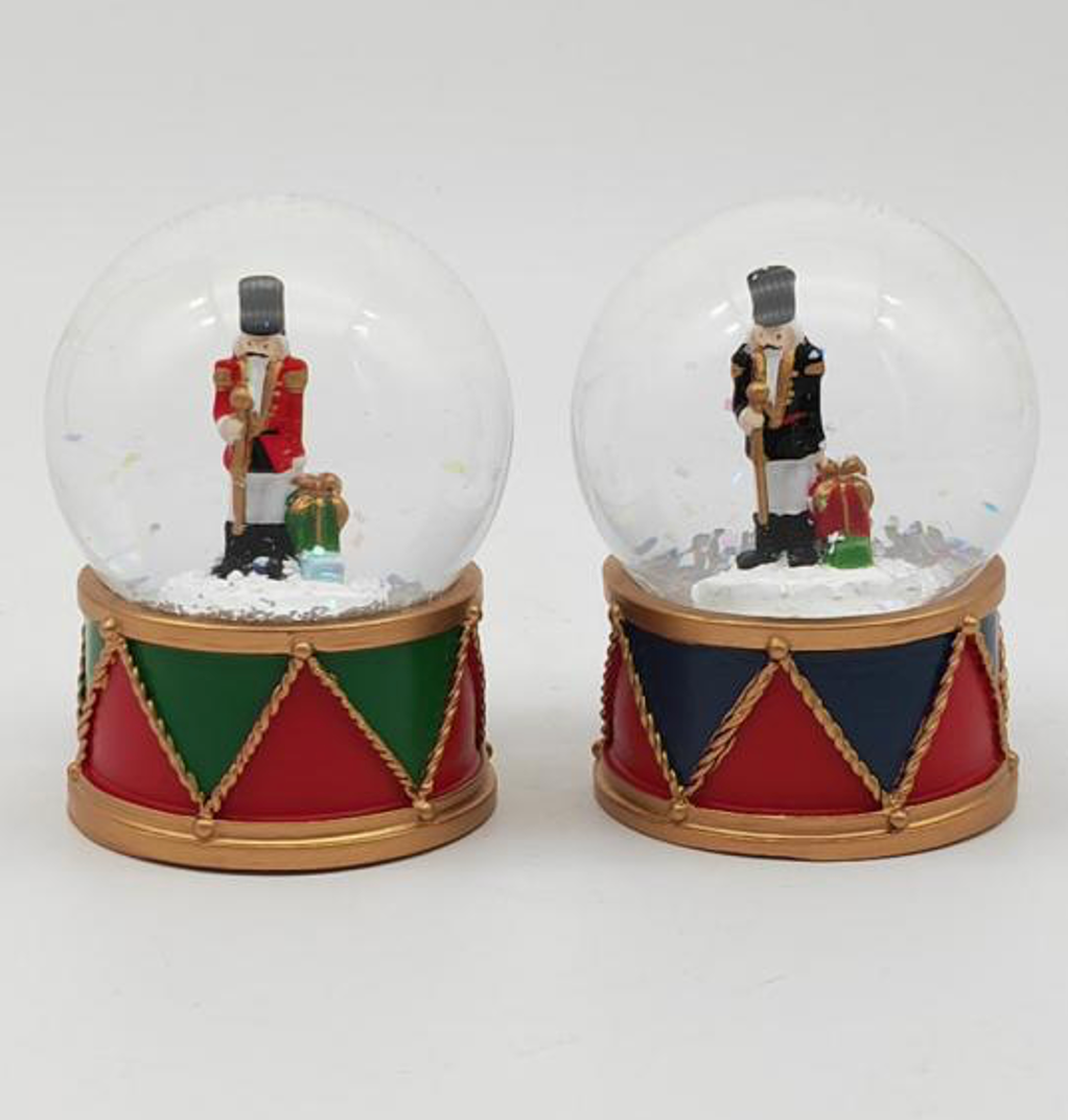 Nutcracker Snow Globe with Classic Green & Red Drum Base