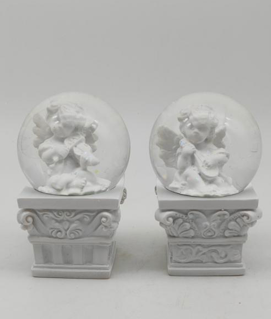 Cherubic White Angel Snow Globe with Classical Pillar Base