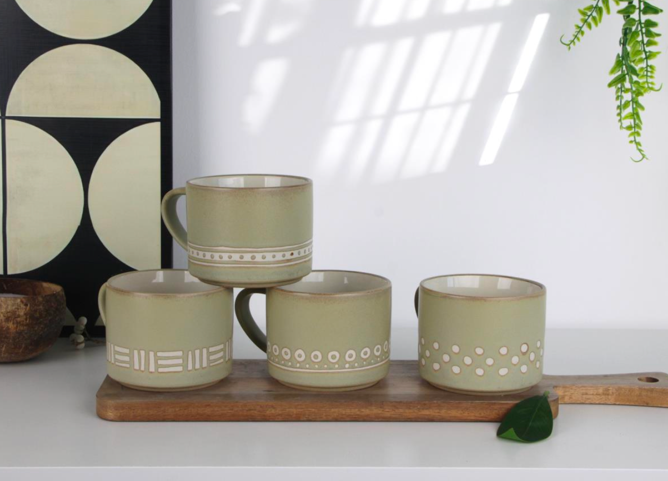 Earthy Green Geometric Ceramic Mugs - Set 1