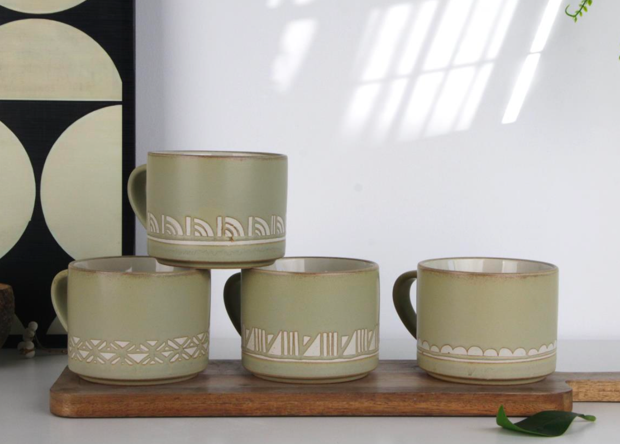 Earthy Green Geometric Ceramic Mugs - Set 2