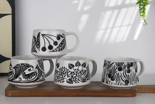 Botanical Elegance Black and White Ceramic Mugs