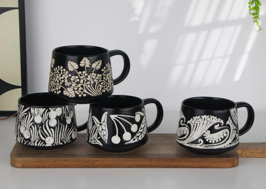 Elegant Black Botanical Ceramic Mugs