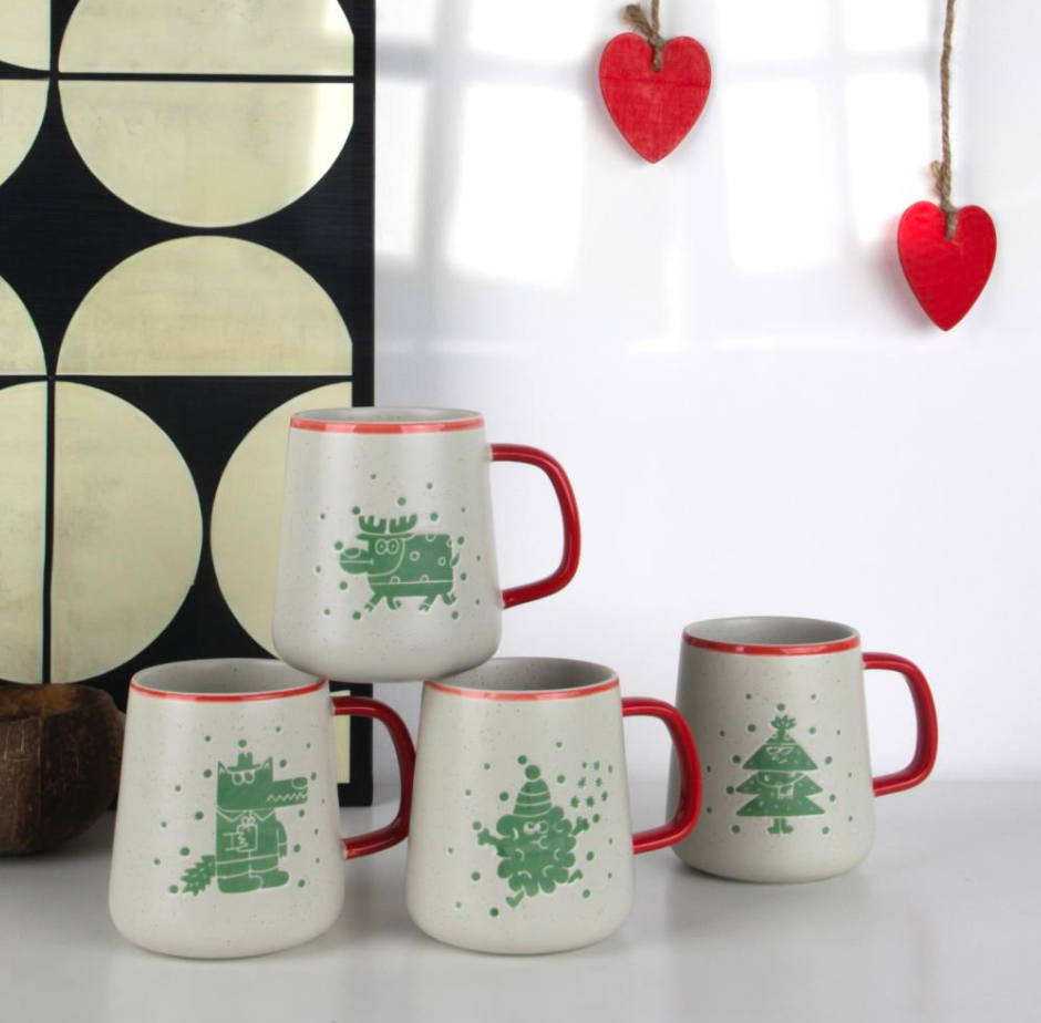 Festive Green Holiday Character Ceramic Mugs - Set #1