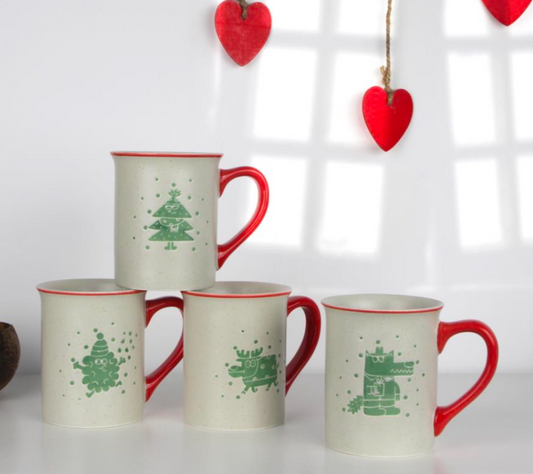 Festive Green Holiday Character Ceramic Mugs - Set #2