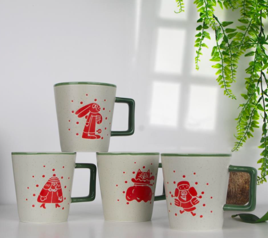 Festive Red Holiday Character Ceramic Mugs - Set #3