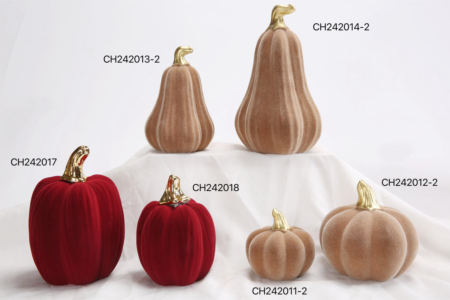 Velvet Flocked Ceramic Pumpkin and Gourd Set with Electroplated Stems