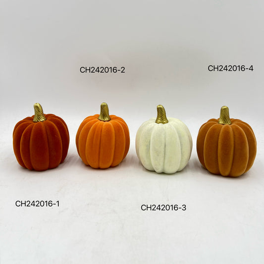 Velvet Flocked Ceramic Pumpkins with Electroplated Stems - 4 Piece Set